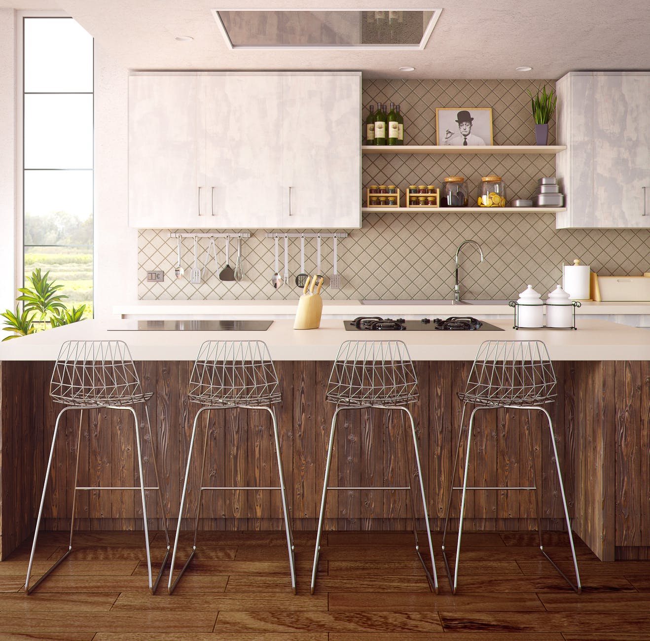 four gray bar stools in front of kitchen countertop