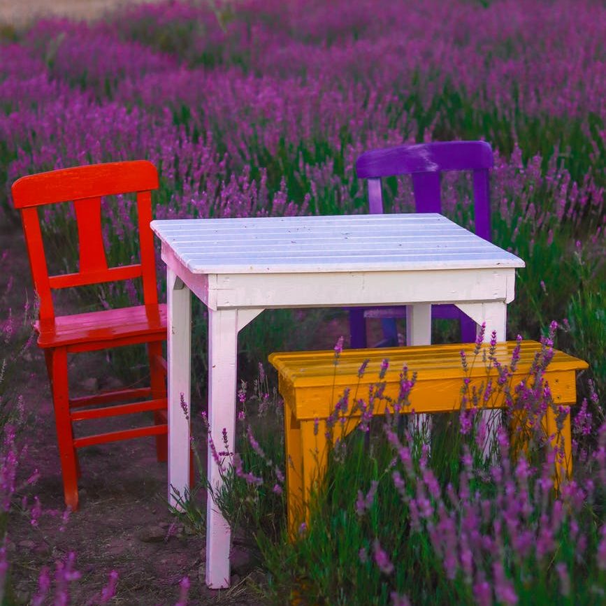 multi colored wooden furniture set on lavender field