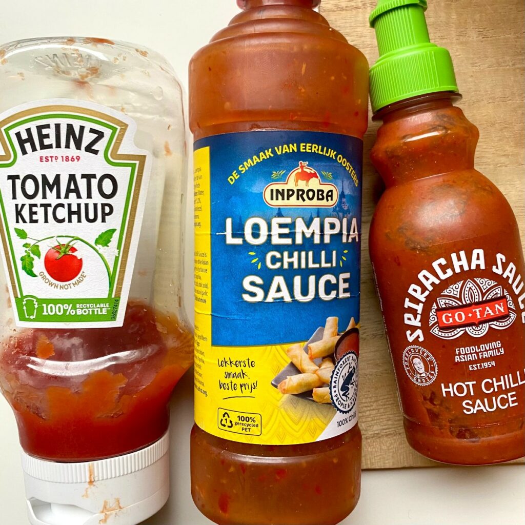 simpele saus dip sriracha ketchup tomaat loempiasaus chilisaus snelle dip eenvoudig simpel lekker